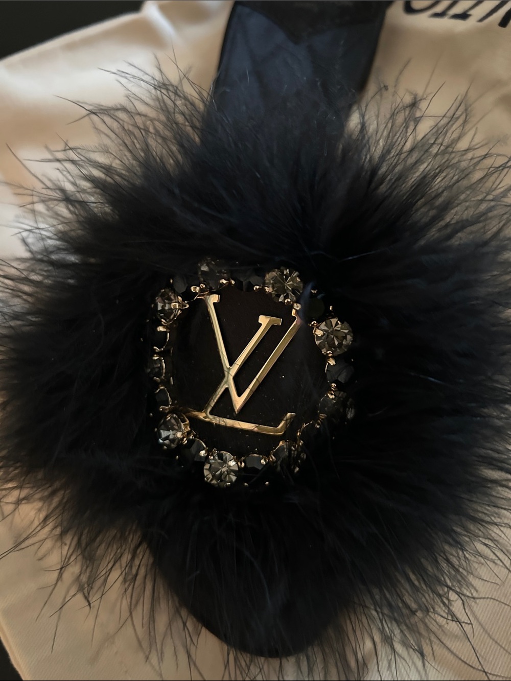 Louis Vuitton Black Feather Jewled Flat  Mule with Gold LV Emblem